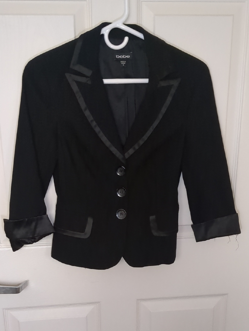 bebe Black Satin-Trim Three-Button Blazer
